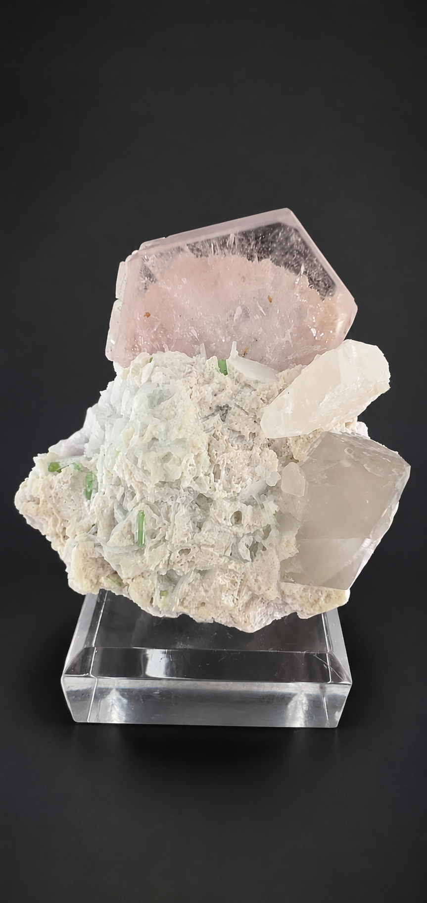 Natural Morganite Crystal with Green Tourmalines, Quartz, Albite and Microlite from Afghanistan