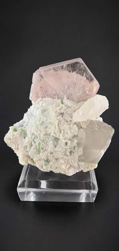 Natural Morganite Crystal with Green Tourmalines, Quartz, Albite and Microlite from Afghanistan