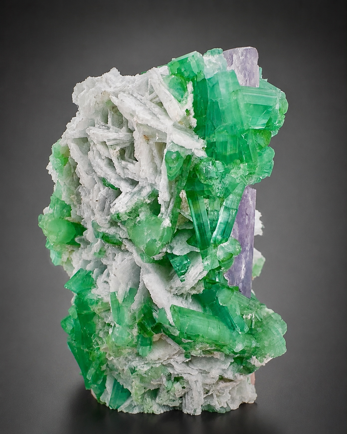Natural Pink Kunzite with Green Tourmalines and Clevelandite Albite Specimen with Custom Base, 567 gram