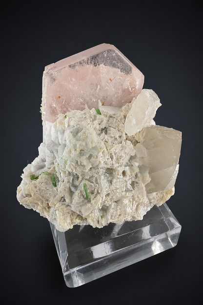 Natural Morganite Crystal with Green Tourmalines, Quartz, Albite and Microlite from Afghanistan