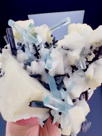 Aquamarine crystals with Schorl on Feldspar from Pakistan, 300 gram