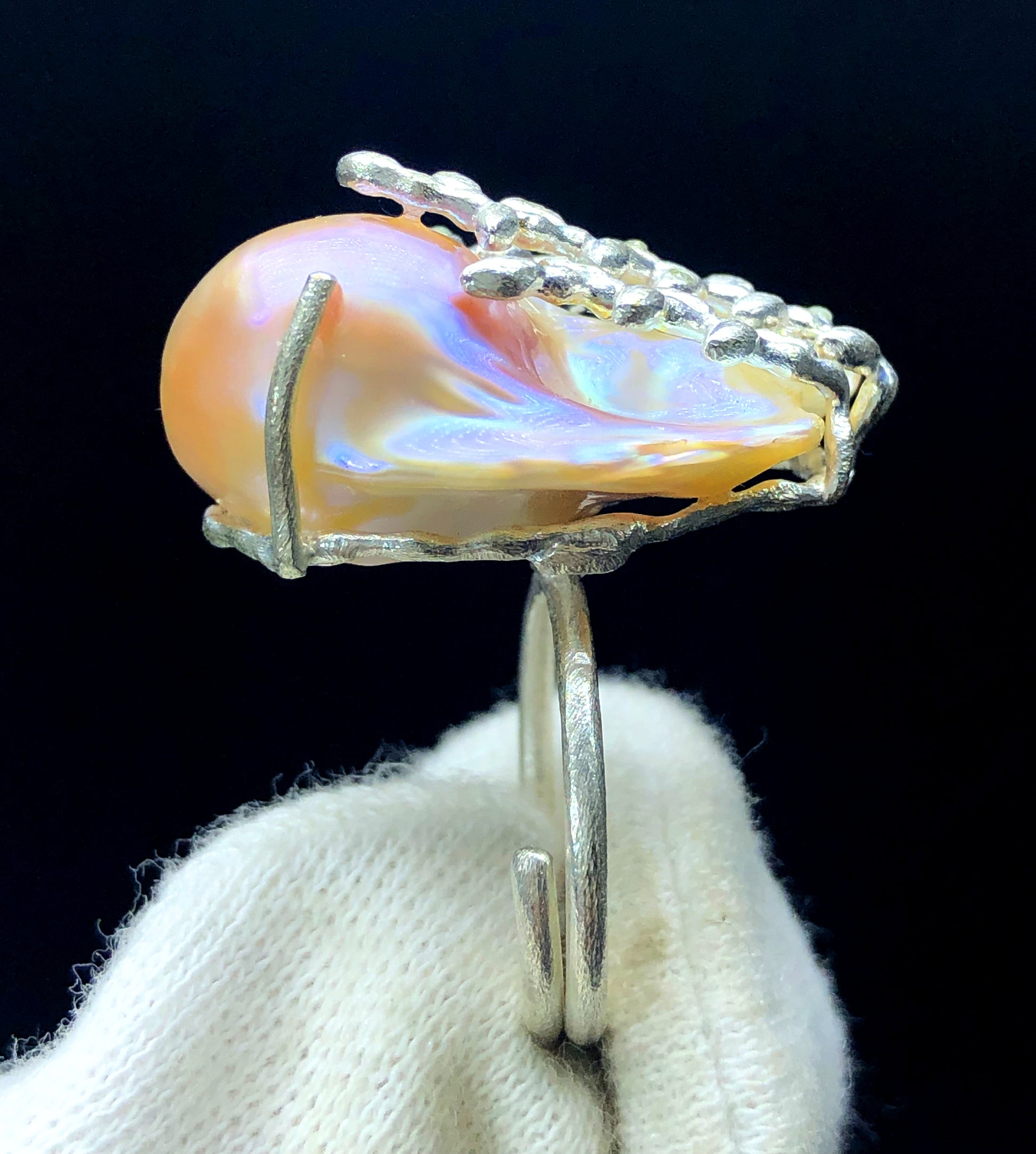 Natural baroque pearl ring gold band close-up
Delicate pearl ring sterling silver handmade jewelry