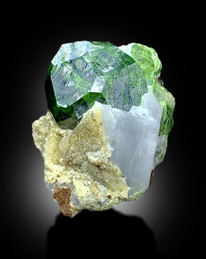 Demantoid garnet crystal lighting and dispersion detail
Natural terminated crystal free of chips or damage
Demantoid garnet mineral specimen full length view
71.55 carat demantoid garnet complete profile
Rare green demantoid garnet from Koh e Belgheys
