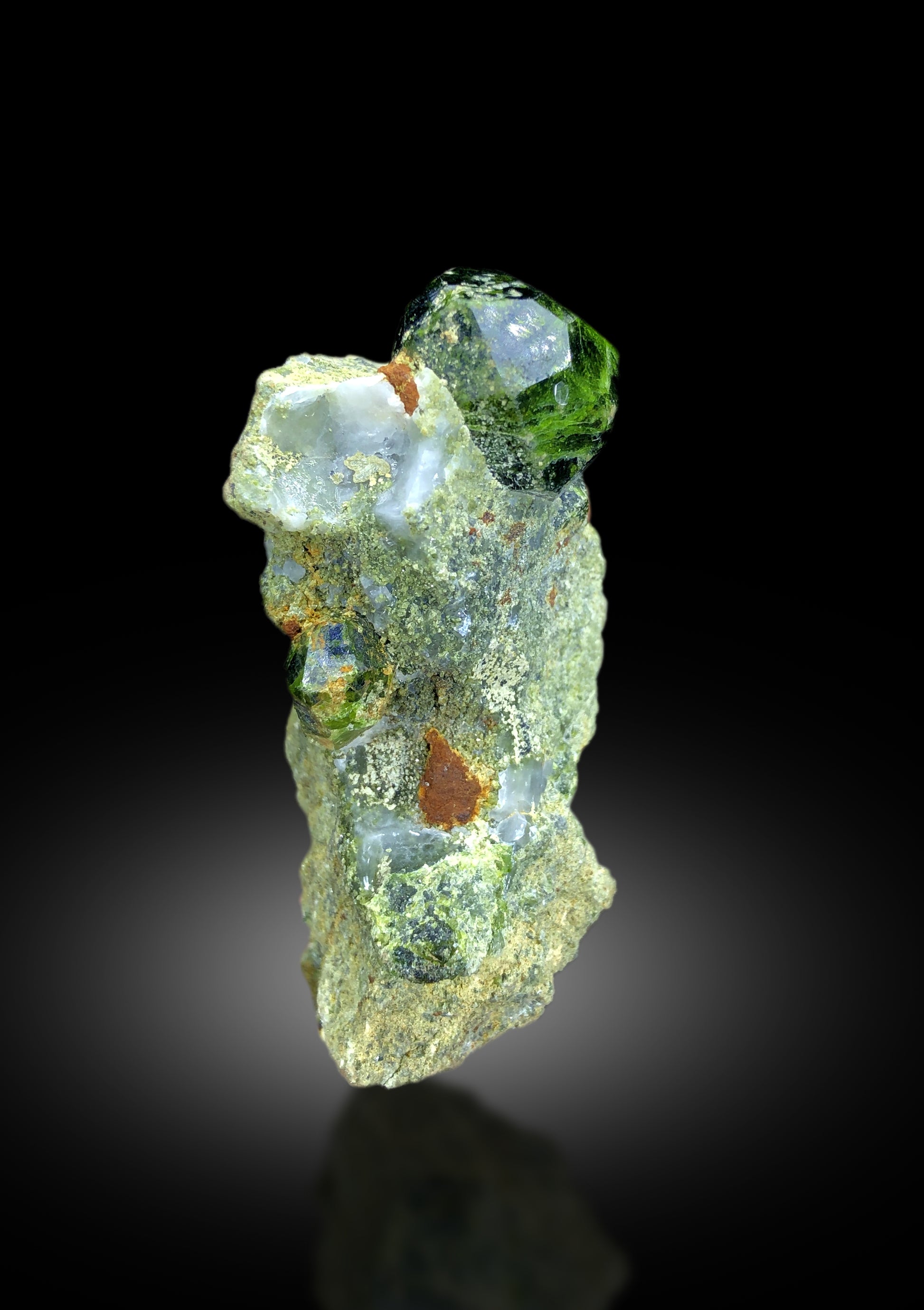Natural terminated crystal free of chips or damage
Demantoid garnet mineral specimen full length view