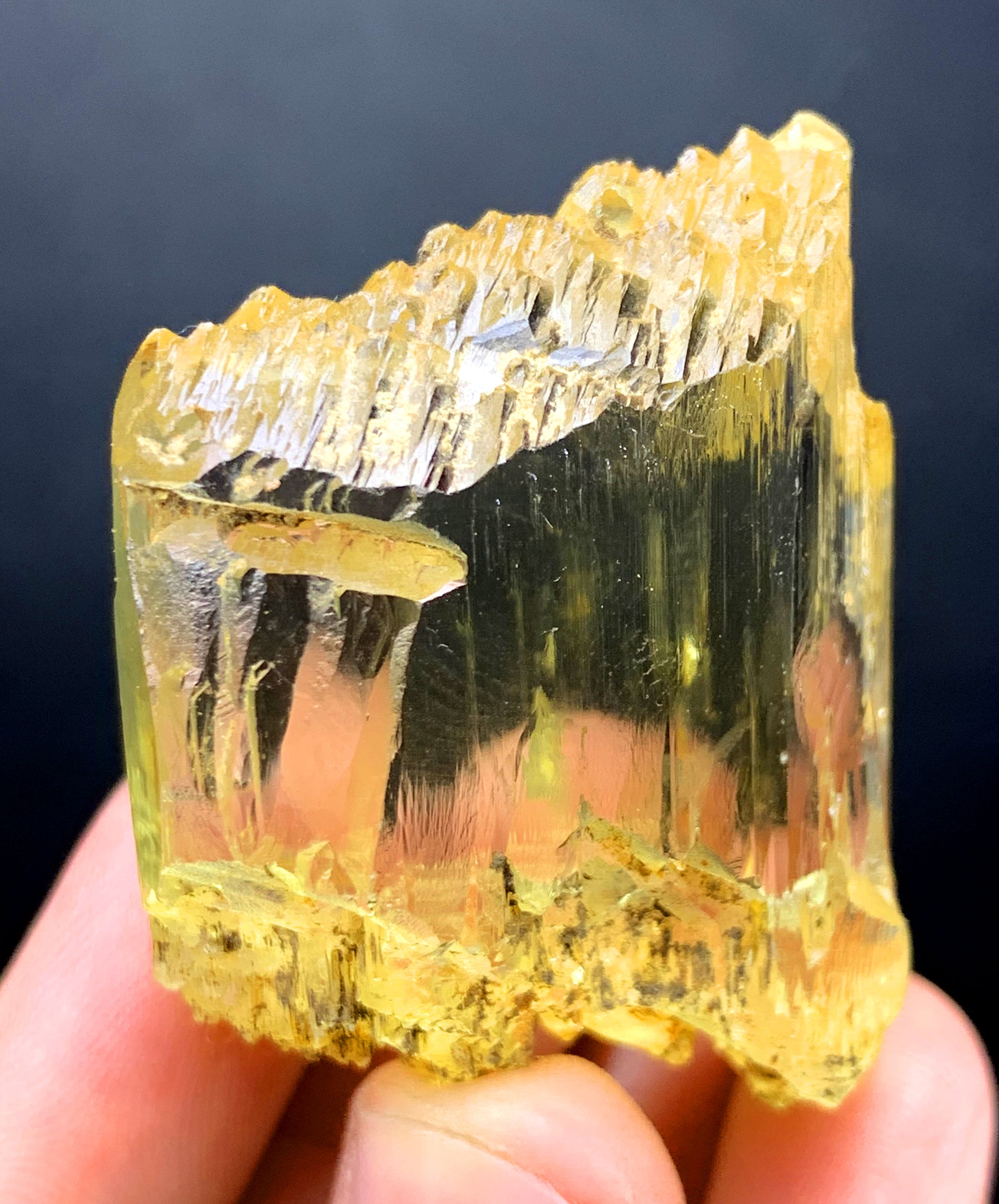 Natural mountain shape termination on thick crystal
Blocky yellow triphane specimen full length view
57 gram triphane crystal complete profile
Dense chunky triphane kunzite from Afghanistan