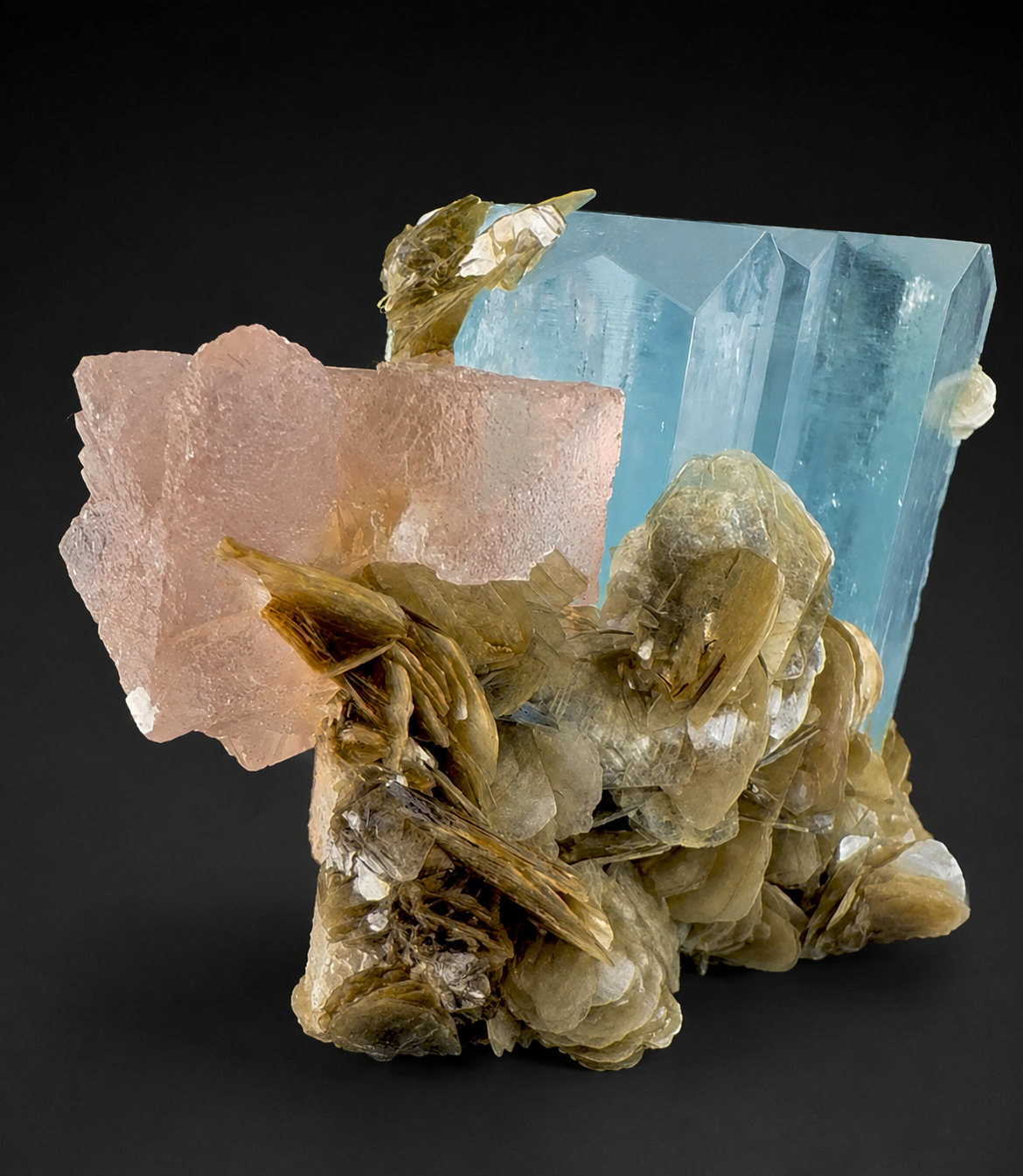 Aquamarine with Pink Fluorite and Mica Specimen from Pakistan, Collector Crystal, 301 gram