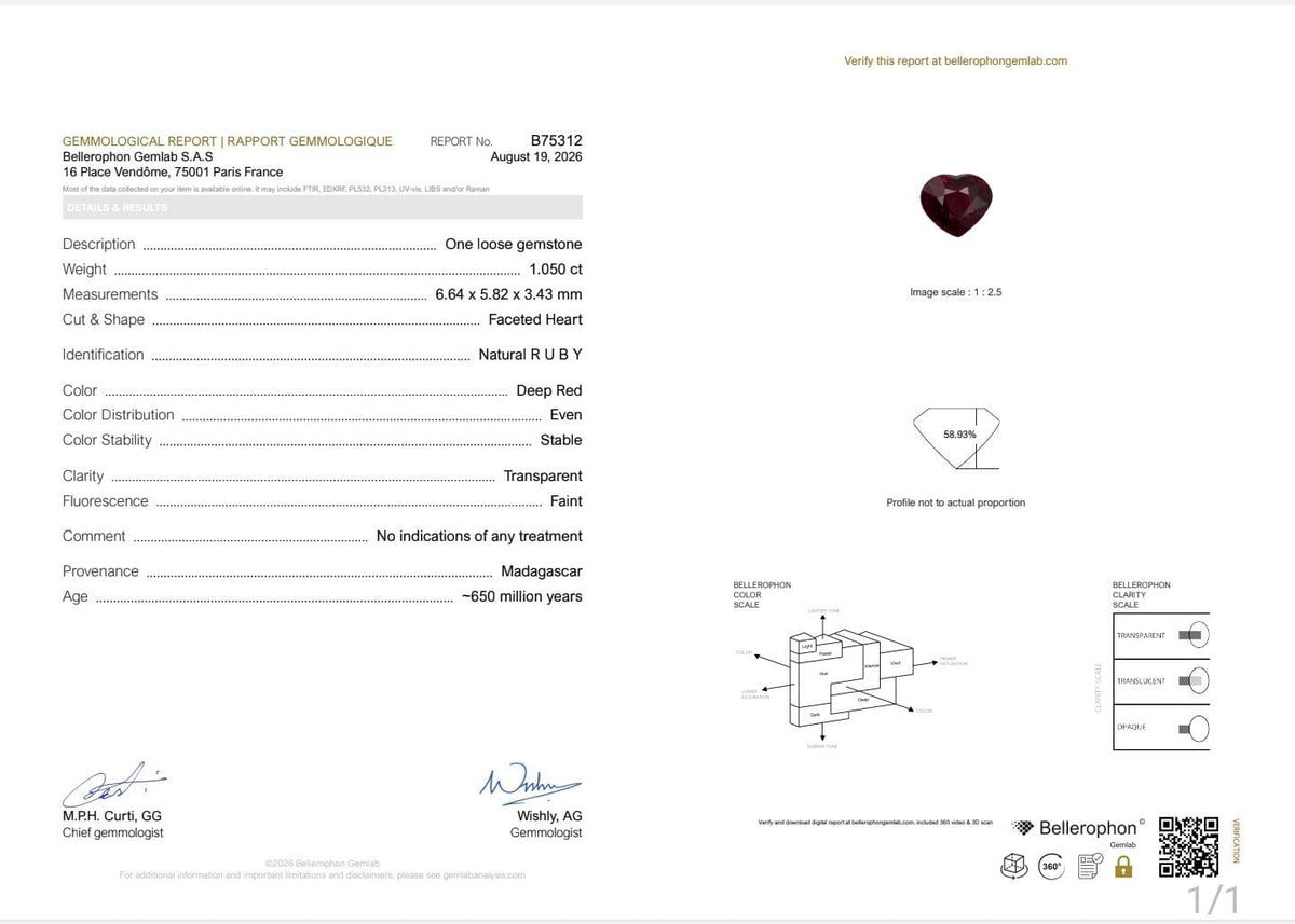 Bellerophon No Heat 1.050 CT Pigeon Blood Red Ruby Gemstone Heart Cut