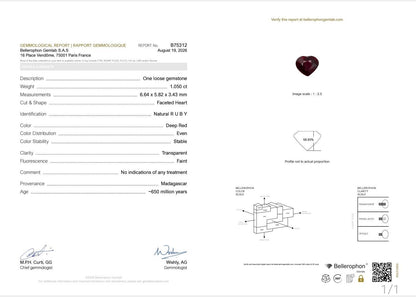 Bellerophon No Heat 1.050 CT Pigeon Blood Red Ruby Gemstone Heart Cut