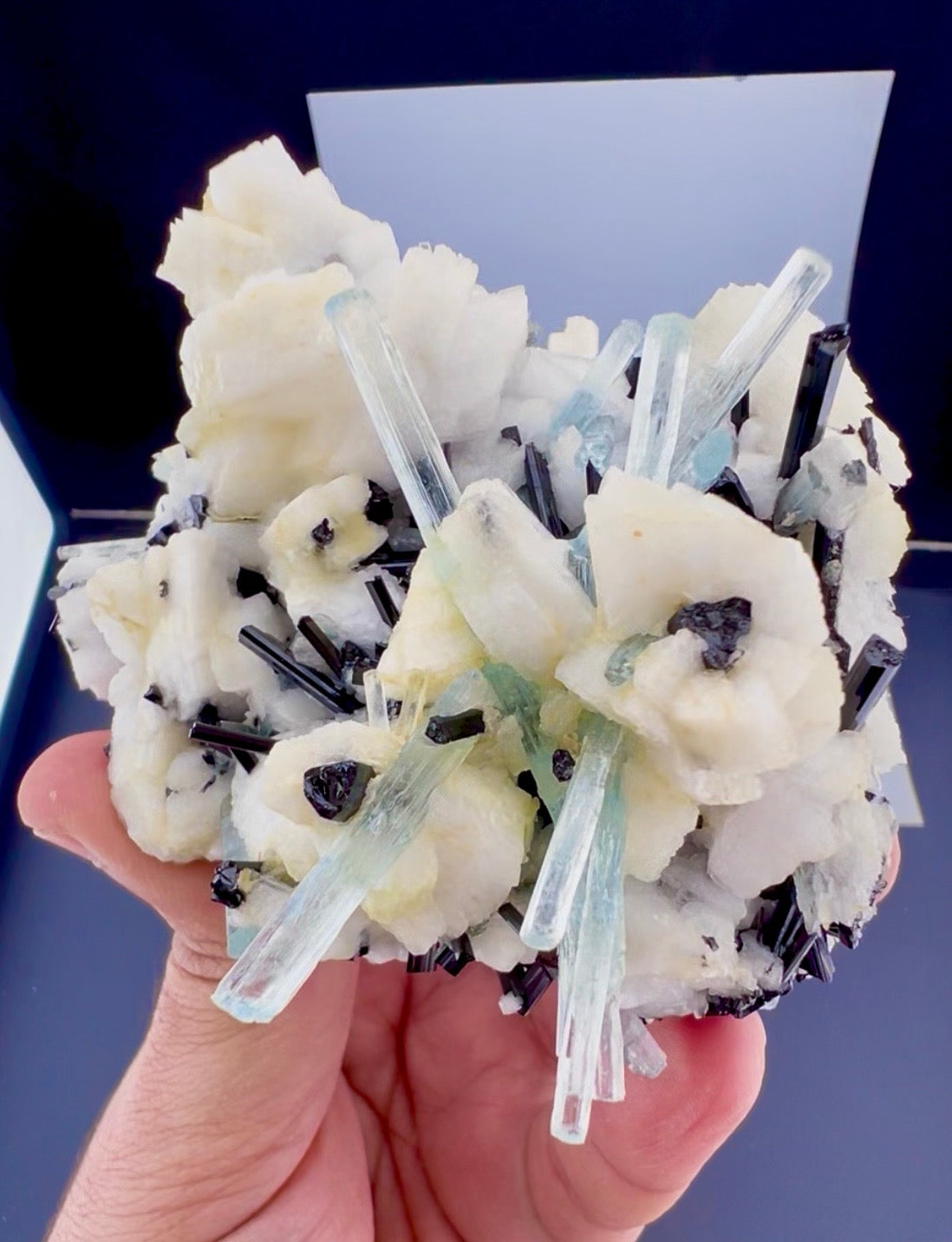 Aquamarine crystals with Schorl on Feldspar from Pakistan, 300 gram