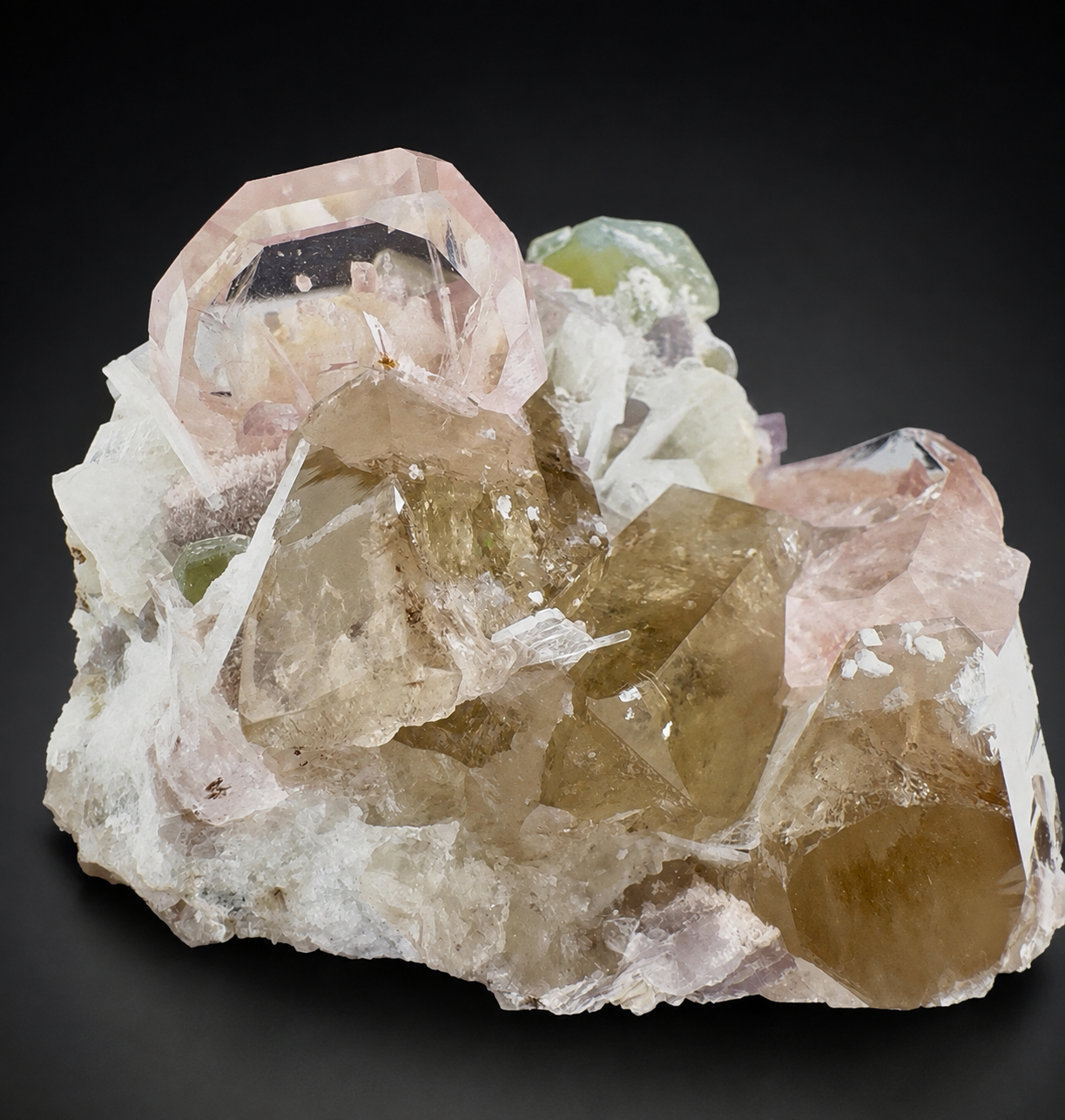 Morganite, Green Apatite, Smoky Quartz ans Clevelandite Albite Combo Specimen from Afghanistan, 266 gram