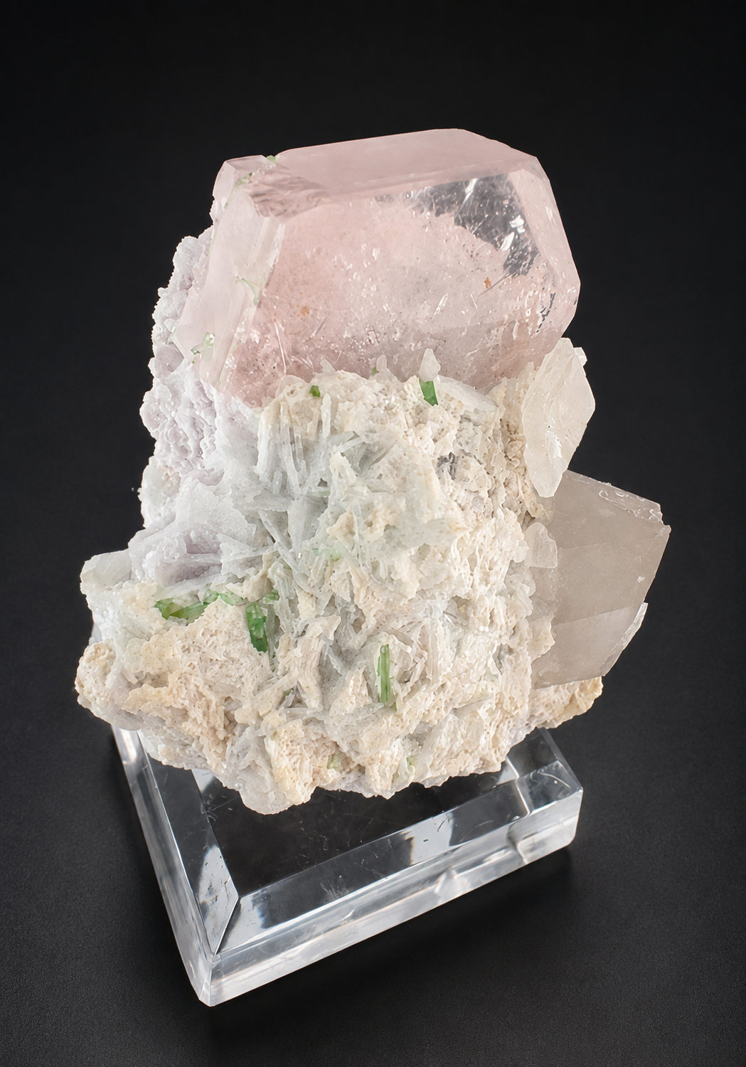 Natural Morganite Crystal with Green Tourmalines, Quartz, Albite and Microlite from Afghanistan