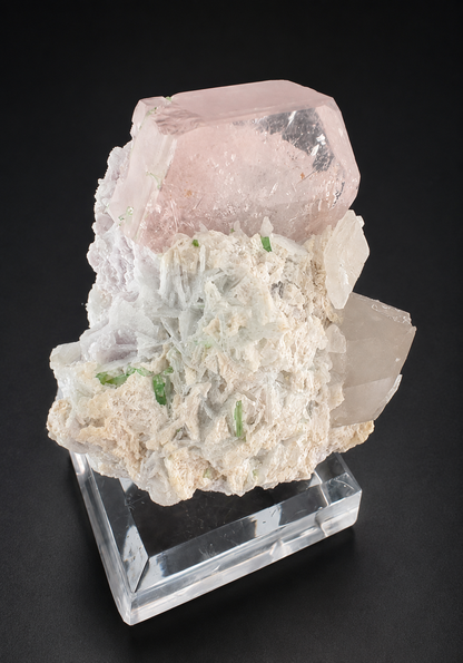 Natural Morganite Crystal with Green Tourmalines, Quartz, Albite and Microlite from Afghanistan