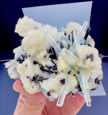 Aquamarine crystals with Schorl on Feldspar from Pakistan, 300 gram