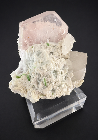 Natural Morganite Crystal with Green Tourmalines, Quartz, Albite and Microlite from Afghanistan