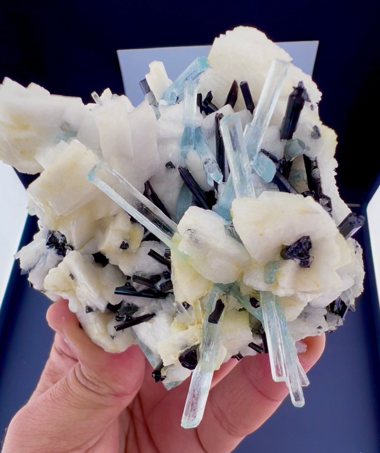 Aquamarine crystals with Schorl on Feldspar from Pakistan, 300 gram