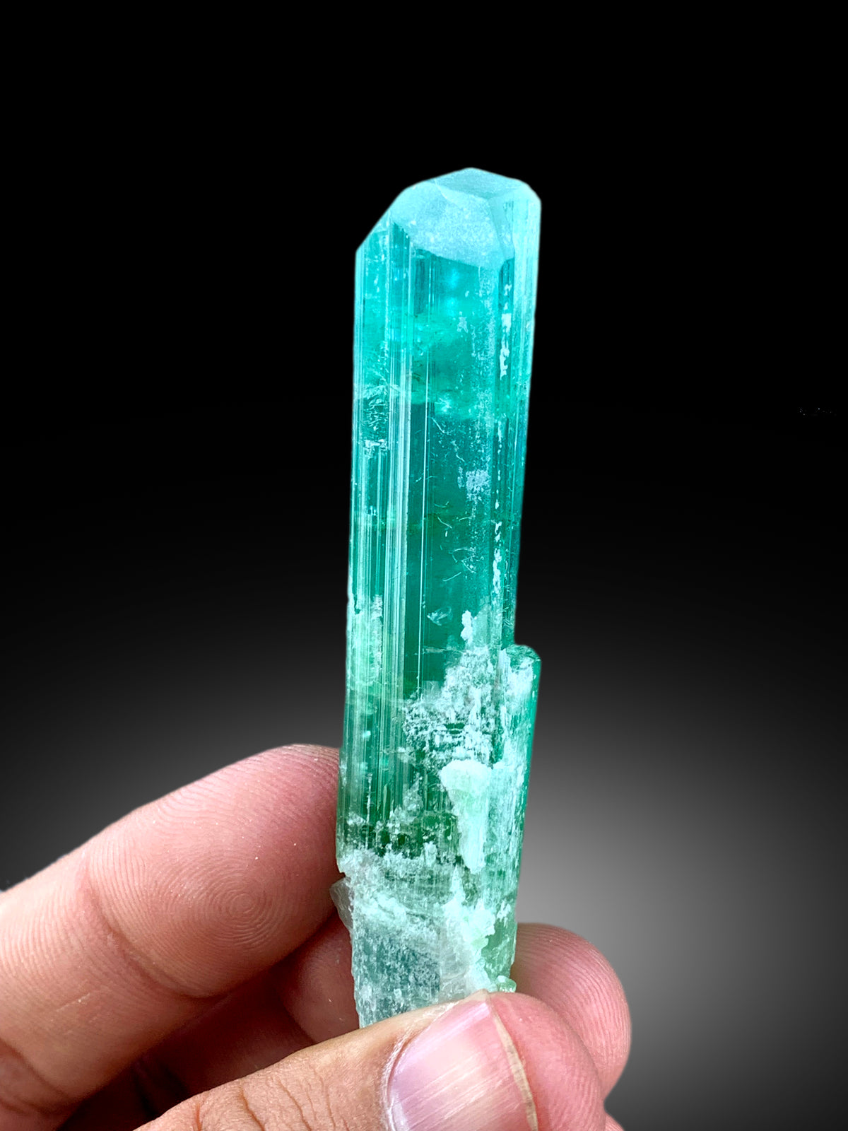 Fine mineral tourmaline crystal from Afghanistan
Neon blue tourmaline crystal, top down view
