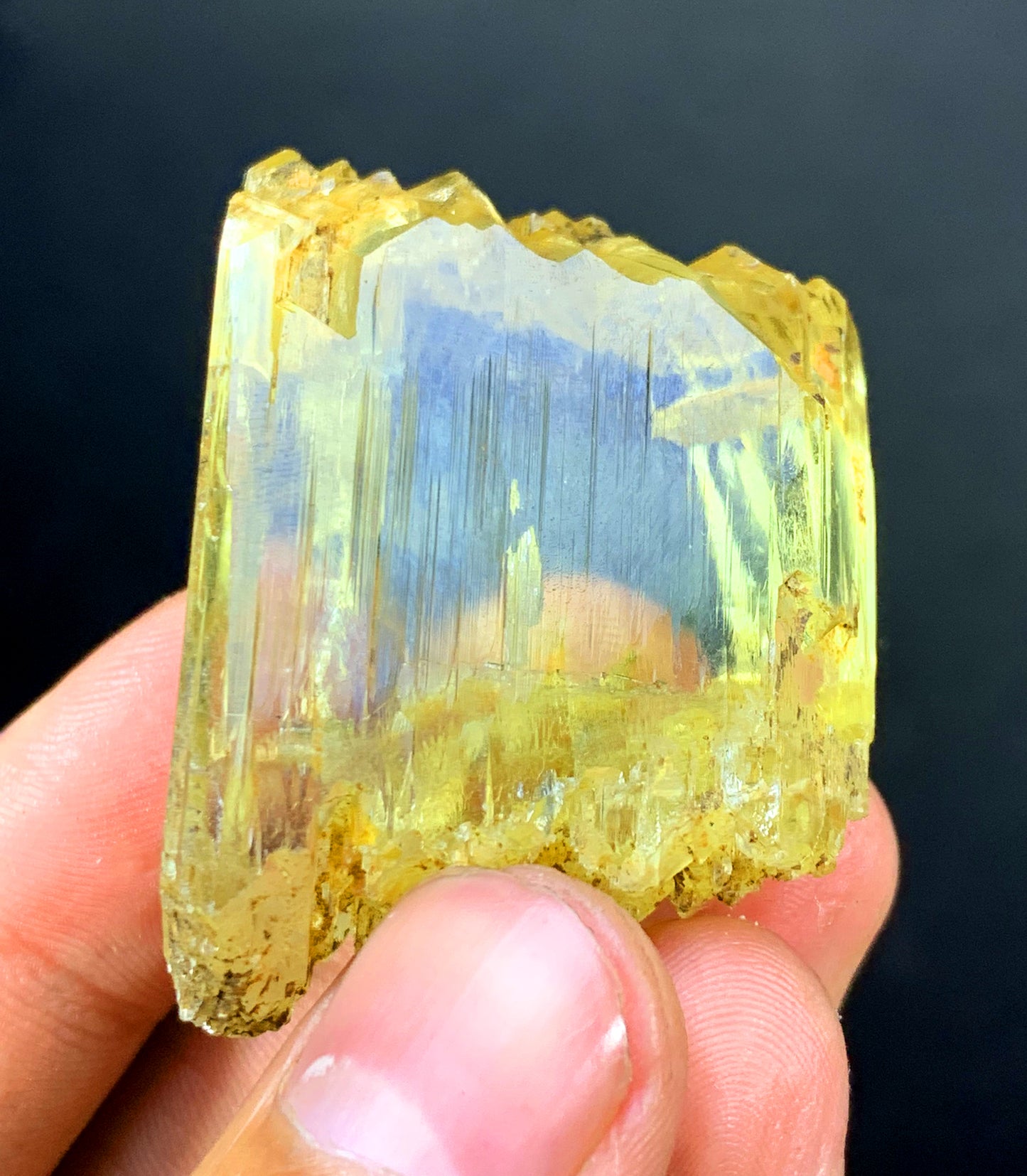 Triphane crystal with scale reference for size
Mountain shape termination on blocky triphane crystal
Full profile of substantial yellow kunzite crystal