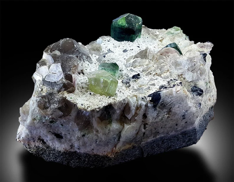 Green apatite crystal on mineral matrix
1734 gram multi mineral specimen for sale