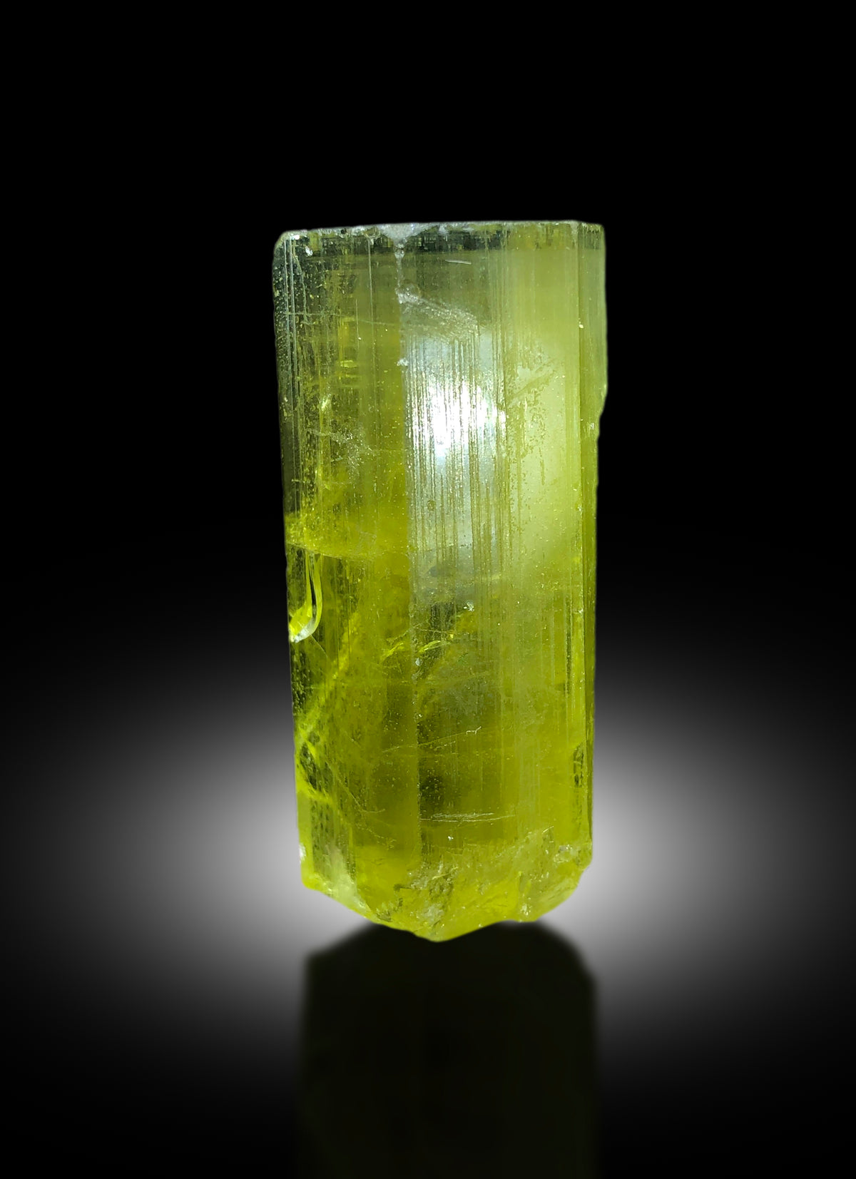 Heliodor beryl crystal with natural termination
Golden yellow heliodor specimen, close color detail
Natural heliodor crystal from Skardu, angled view