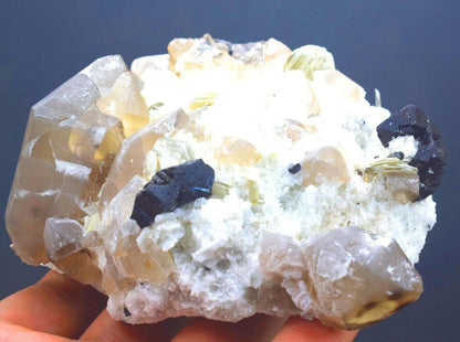 CASSITERITE WITH AQUAMARINE , SMOKY QUARTZ , MUSCOVITE MICA AND ALBITE SPECIMEN - 585 GRAM , 112*85*45 MM