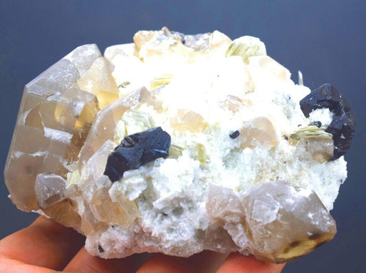CASSITERITE WITH AQUAMARINE , SMOKY QUARTZ , MUSCOVITE MICA AND ALBITE SPECIMEN - 585 GRAM , 112*85*45 MM