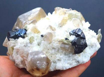 CASSITERITE WITH AQUAMARINE , SMOKY QUARTZ , MUSCOVITE MICA AND ALBITE SPECIMEN - 585 GRAM , 112*85*45 MM