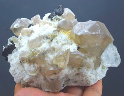 CASSITERITE WITH AQUAMARINE , SMOKY QUARTZ , MUSCOVITE MICA AND ALBITE SPECIMEN - 585 GRAM , 112*85*45 MM