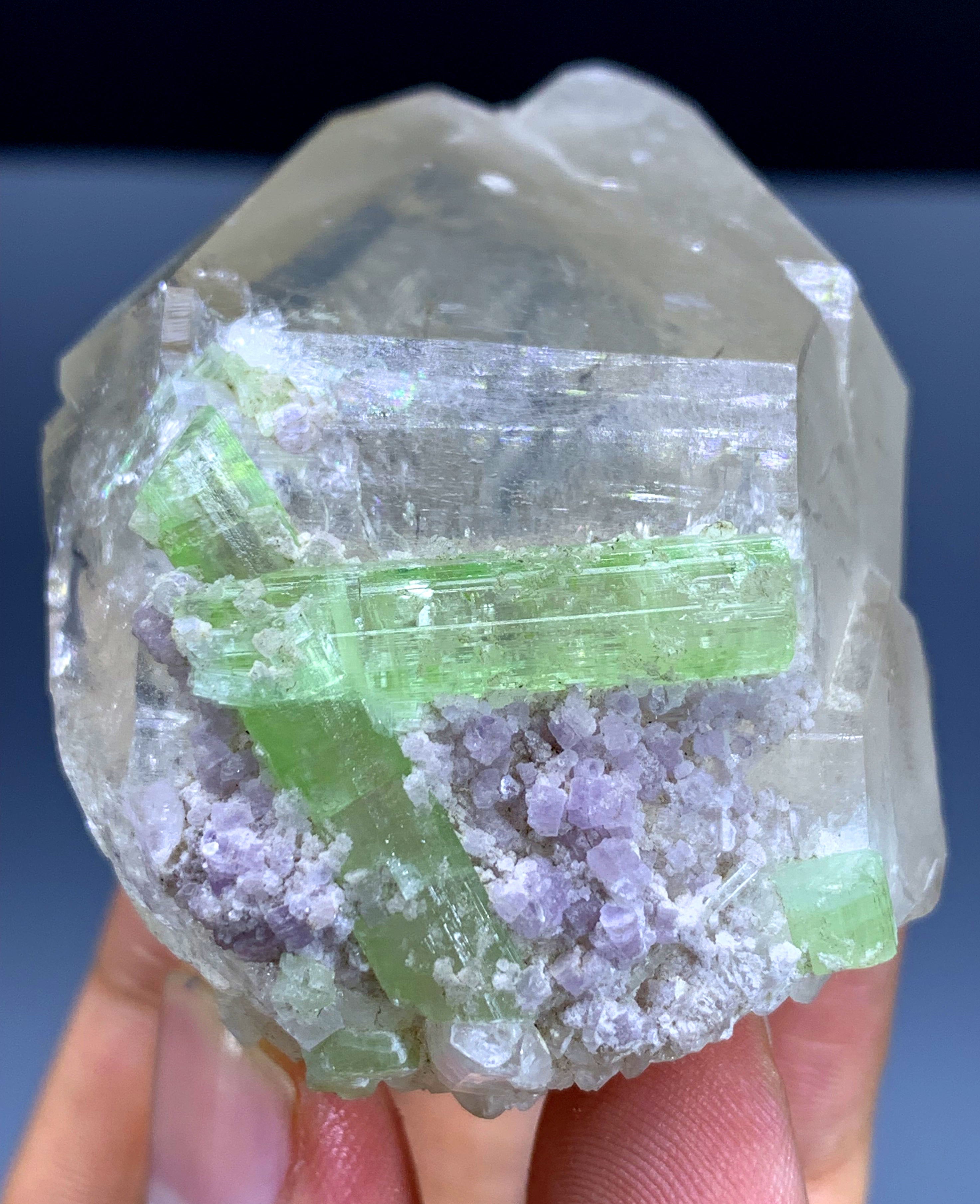 Green Tourmaline Crystals with Lepidolite on Quartz from Afghanistan - 132 gram