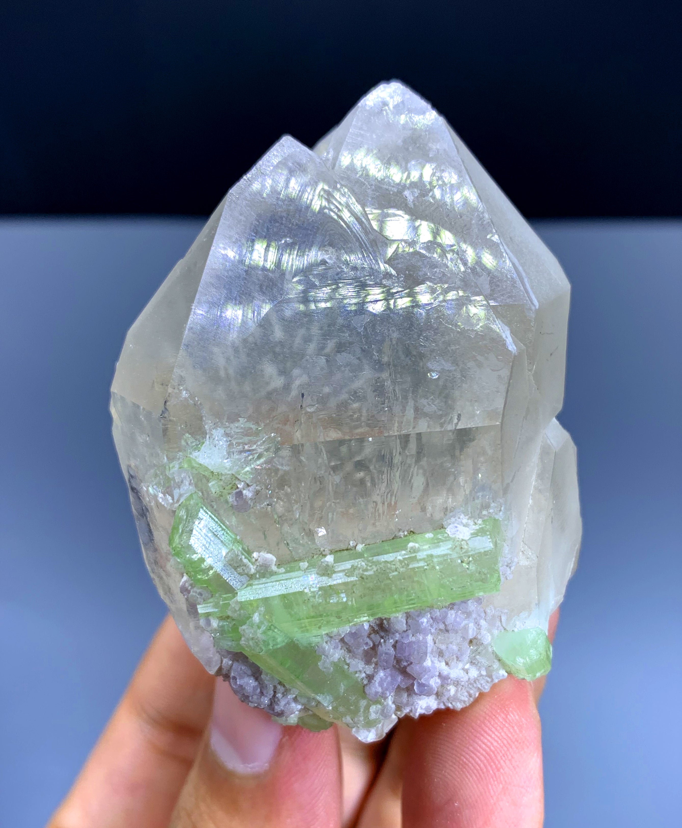 Green Tourmaline Crystals with Lepidolite on Quartz from Afghanistan - 132 gram