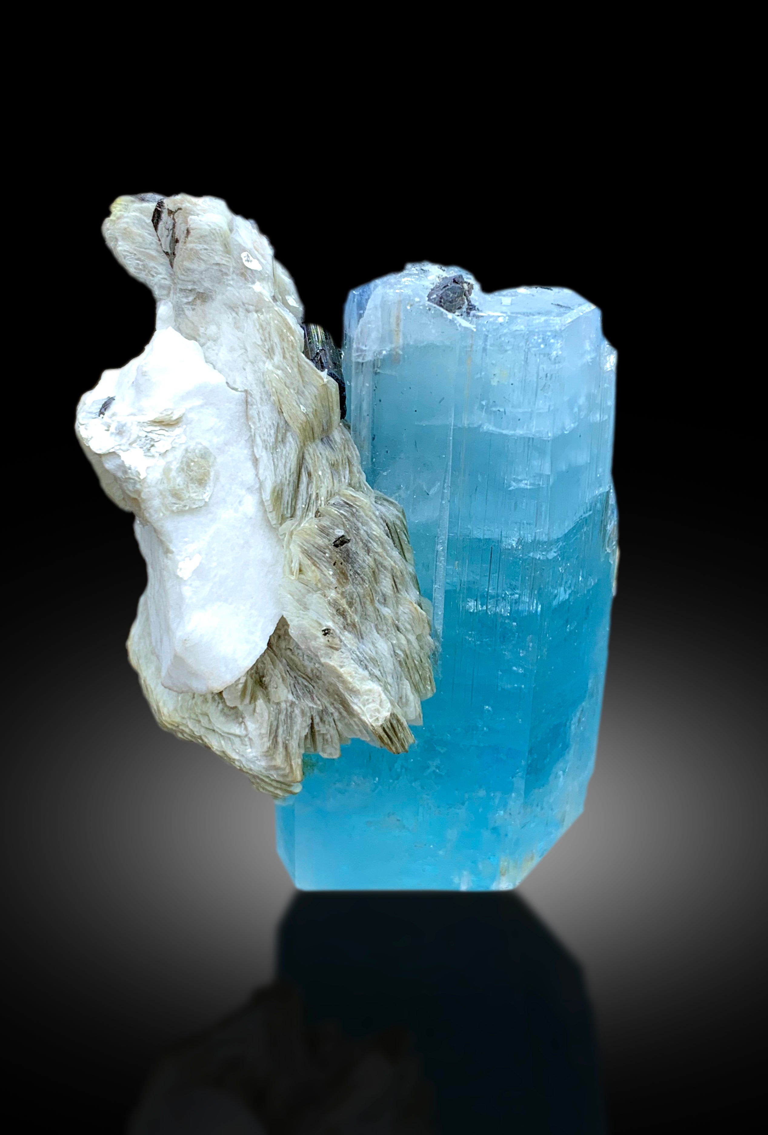 Sky Blue Color Aquamarine Crystal with Schorl Black Tourmalines, Mica and Feldspar from Shigar valley Skardu Pakistan - 311 gram