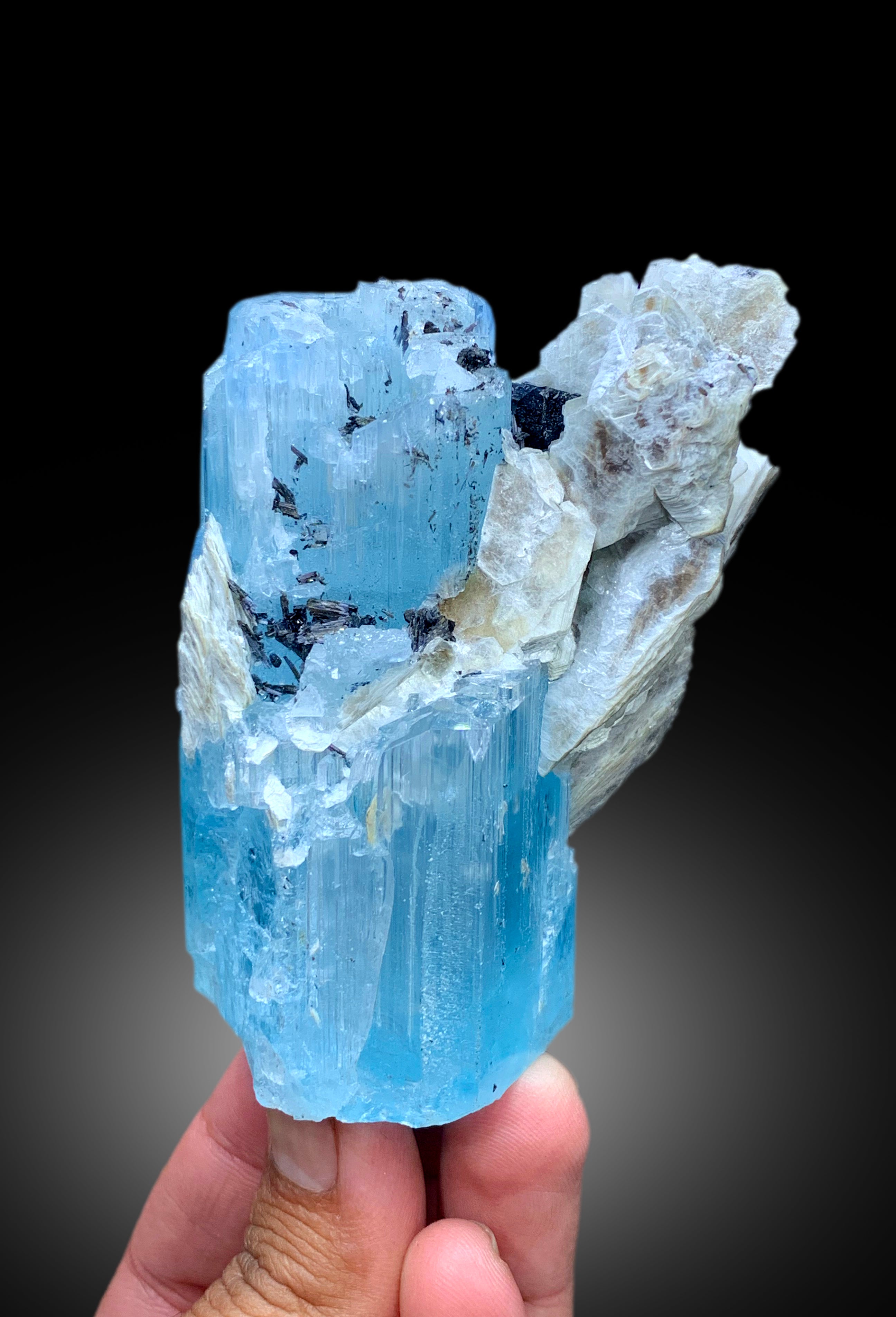 Sky Blue Color Aquamarine Crystal with Schorl Black Tourmalines, Mica and Feldspar from Shigar valley Skardu Pakistan - 311 gram