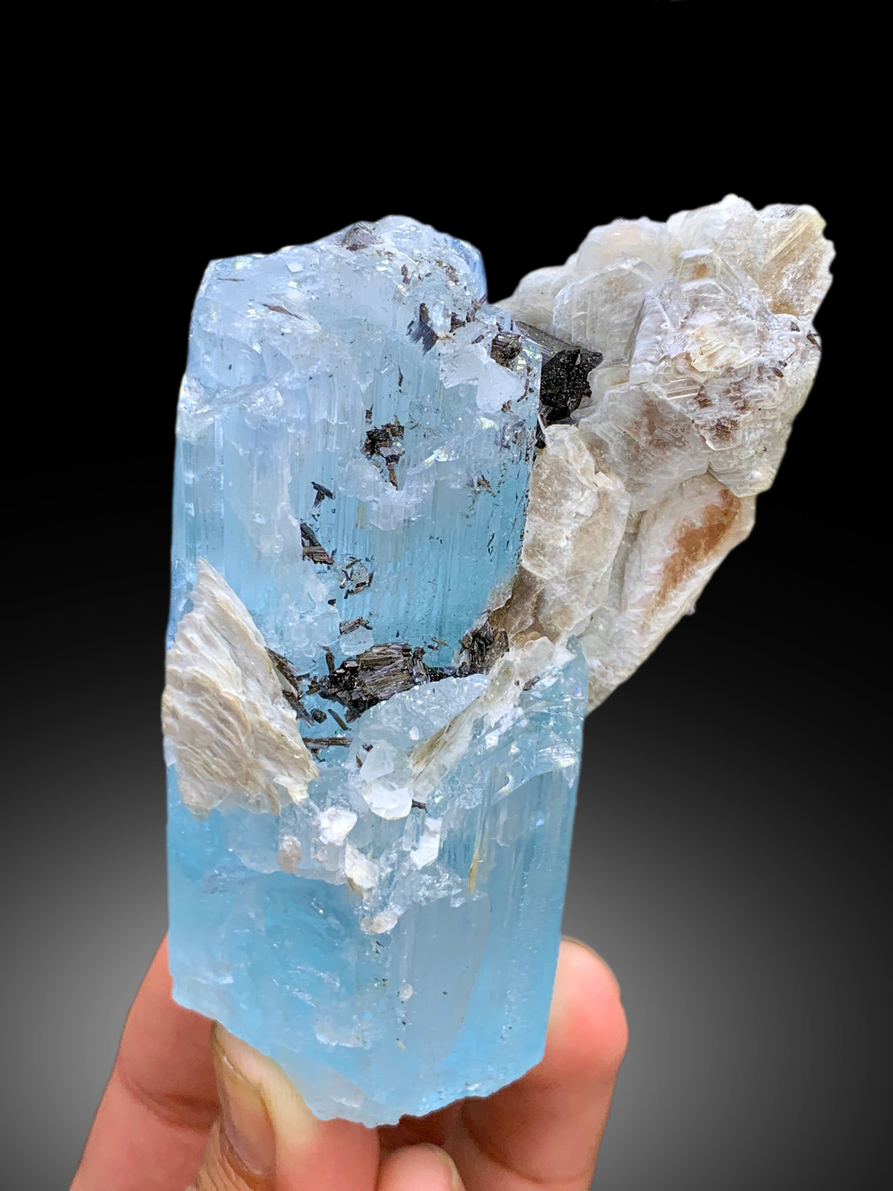 Sky Blue Color Aquamarine Crystal with Schorl Black Tourmalines, Mica and Feldspar from Shigar valley Skardu Pakistan - 311 gram