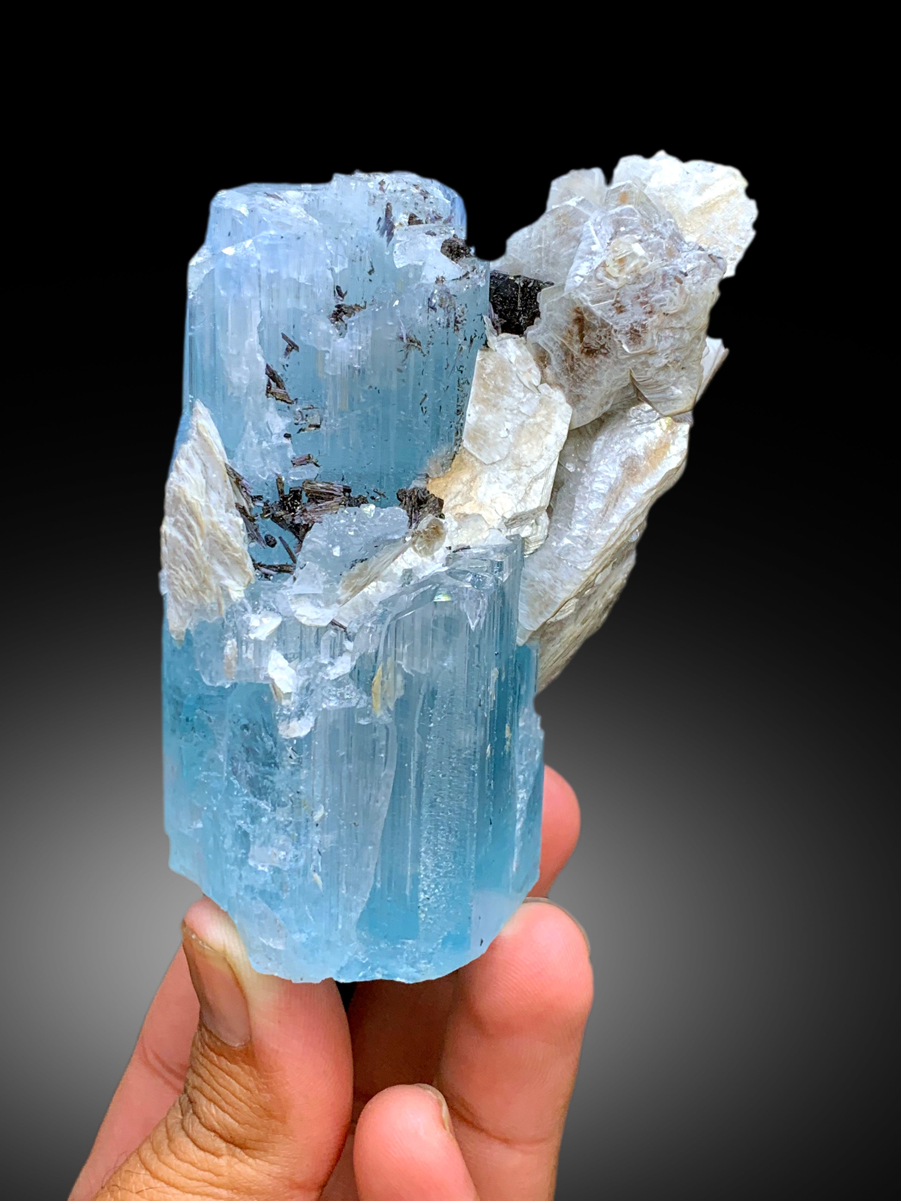 Sky Blue Color Aquamarine Crystal with Schorl Black Tourmalines, Mica and Feldspar from Shigar valley Skardu Pakistan - 311 gram