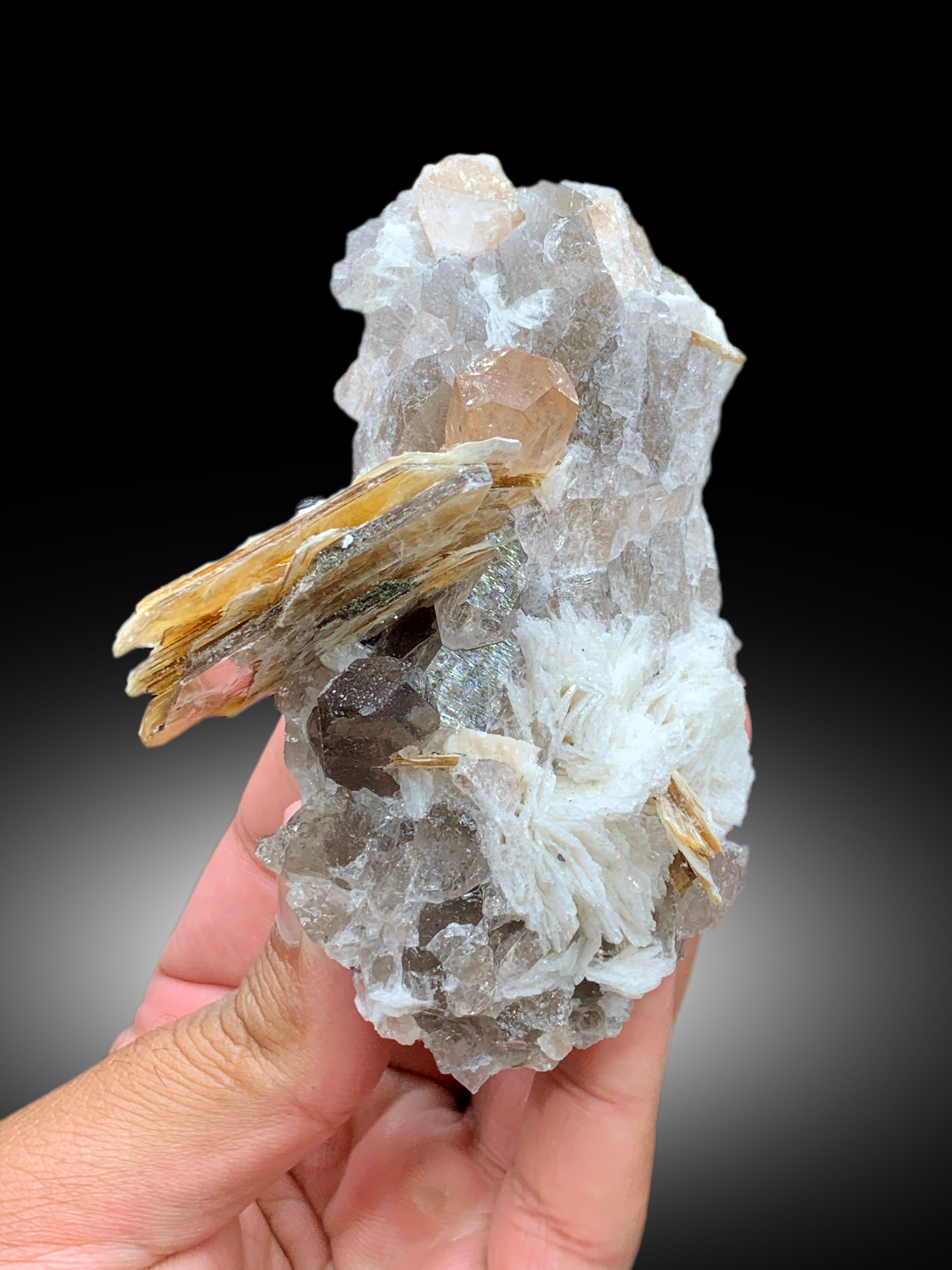 Rich Golden Color Topaz with Mica, Quartz and Albite Mineral Specimen from Skardu Pakistan - 238 gram