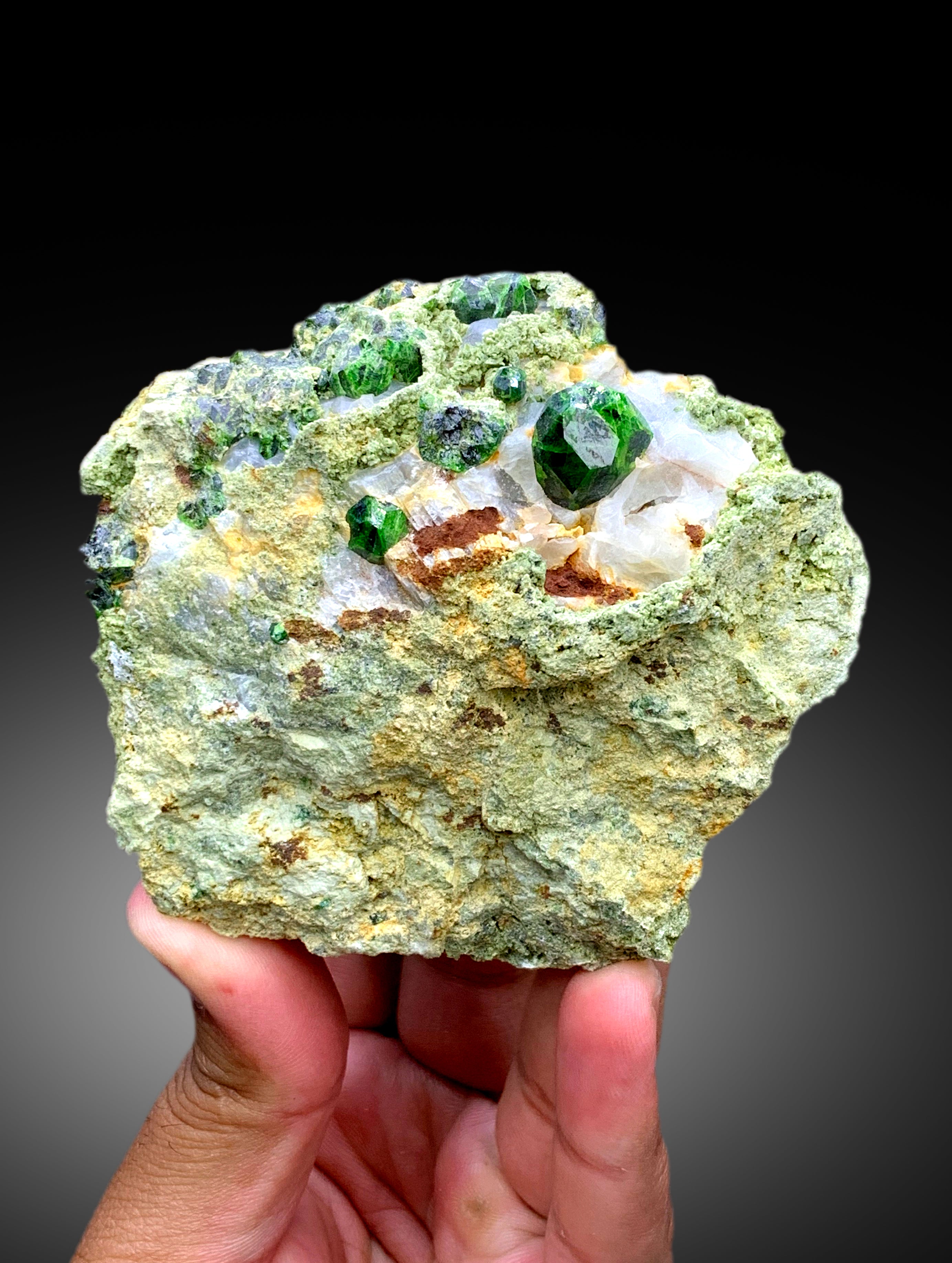 Lush Green Demantoid Garnet Crystals with Calcite on Matrix, Fine Mineral, Demantoid Garnet Specimen - 269 gram