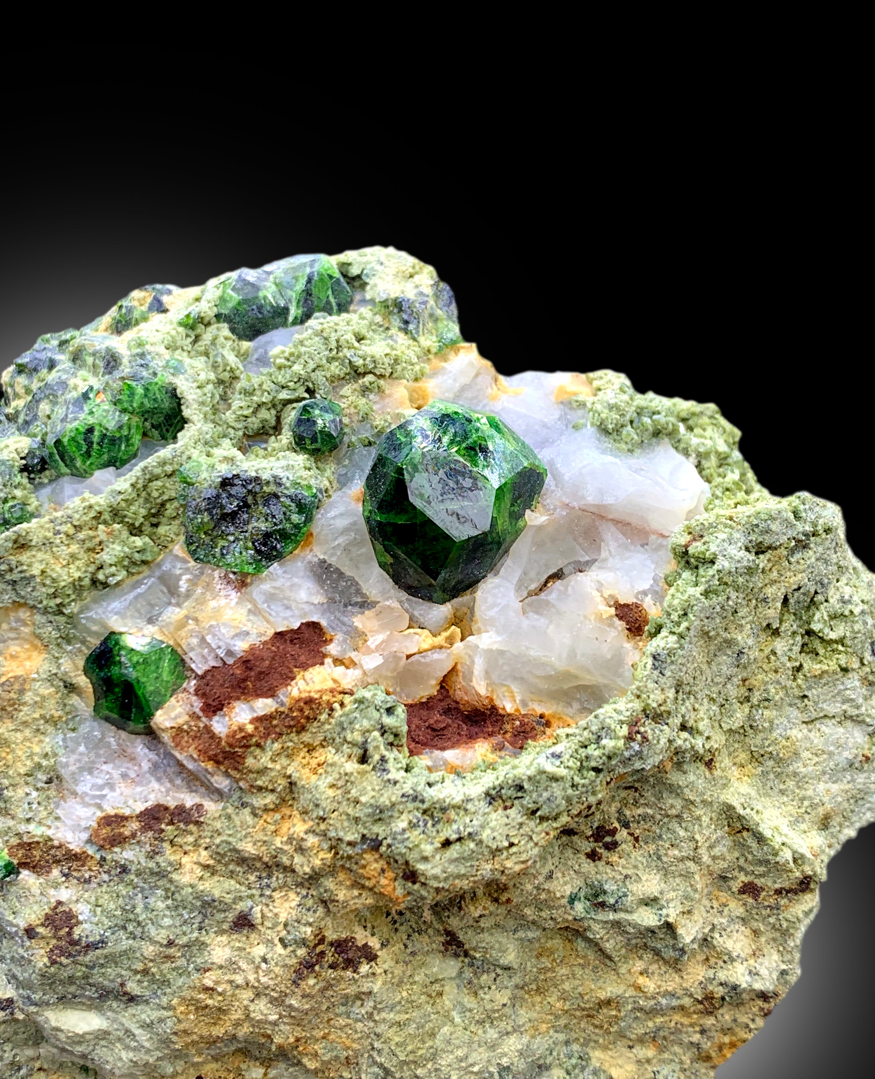 Lush Green Demantoid Garnet Crystals with Calcite on Matrix, Fine Mineral, Demantoid Garnet Specimen - 269 gram