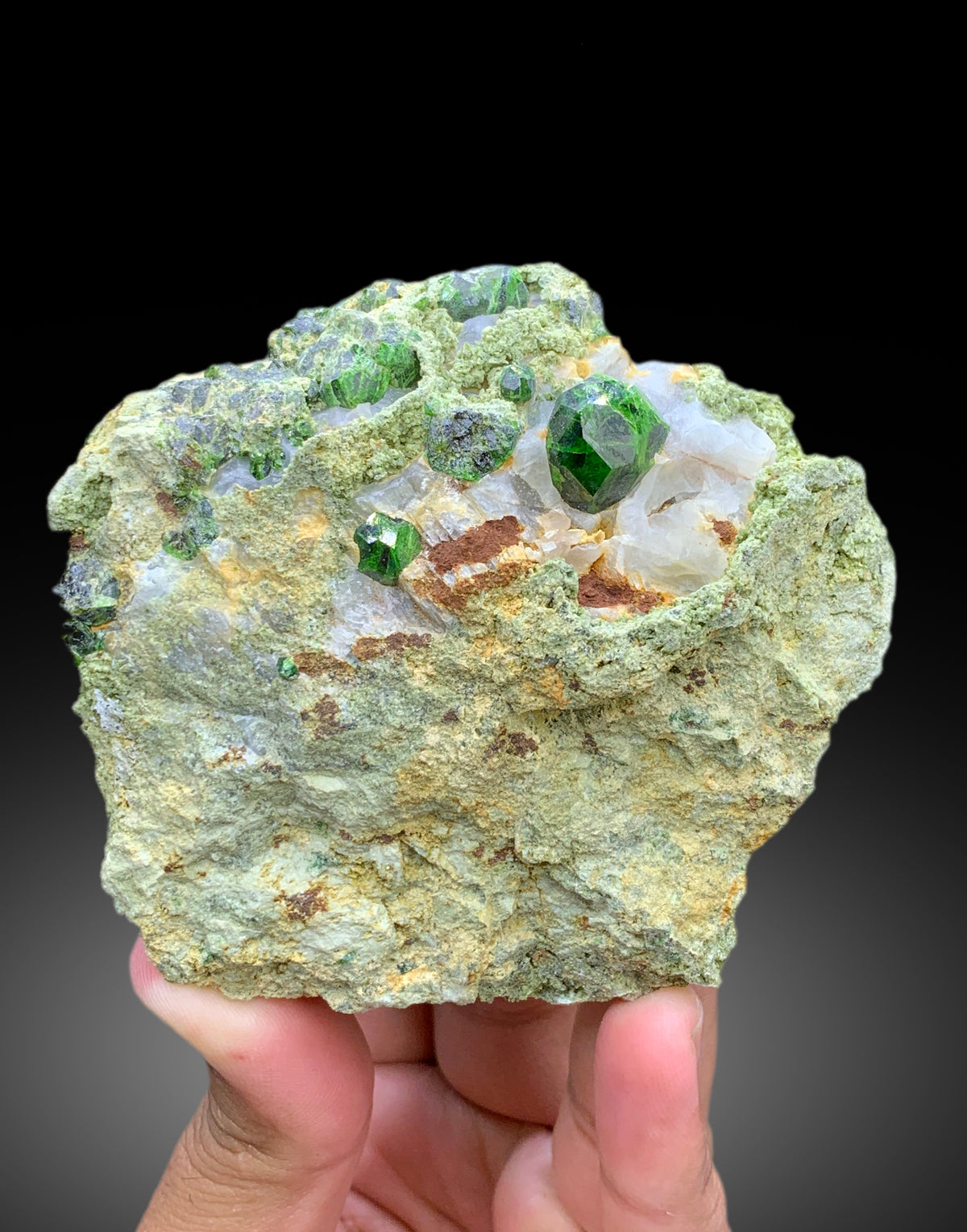 Lush Green Demantoid Garnet Crystals with Calcite on Matrix, Fine Mineral, Demantoid Garnet Specimen - 269 gram