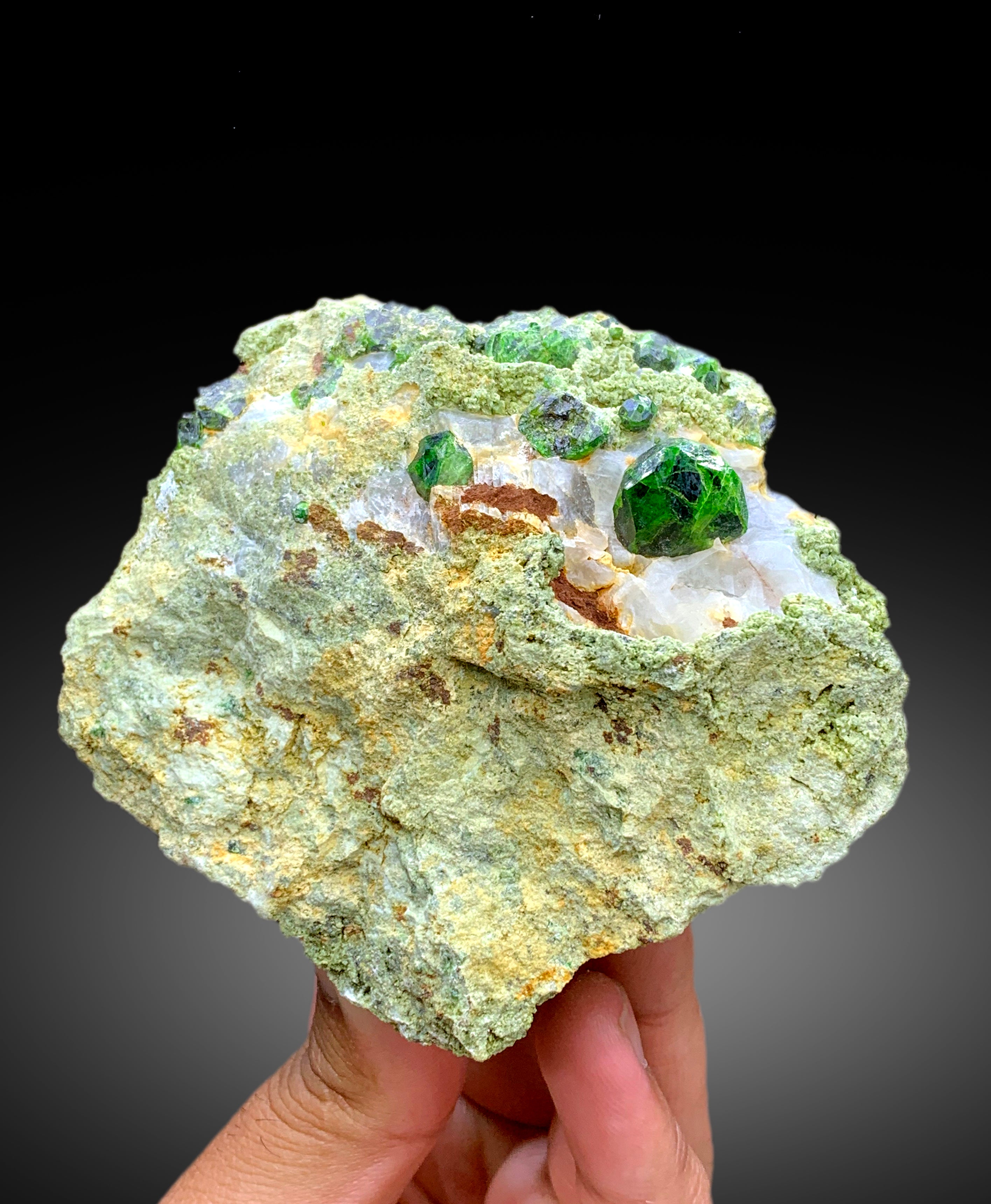 Lush Green Demantoid Garnet Crystals with Calcite on Matrix, Fine Mineral, Demantoid Garnet Specimen - 269 gram