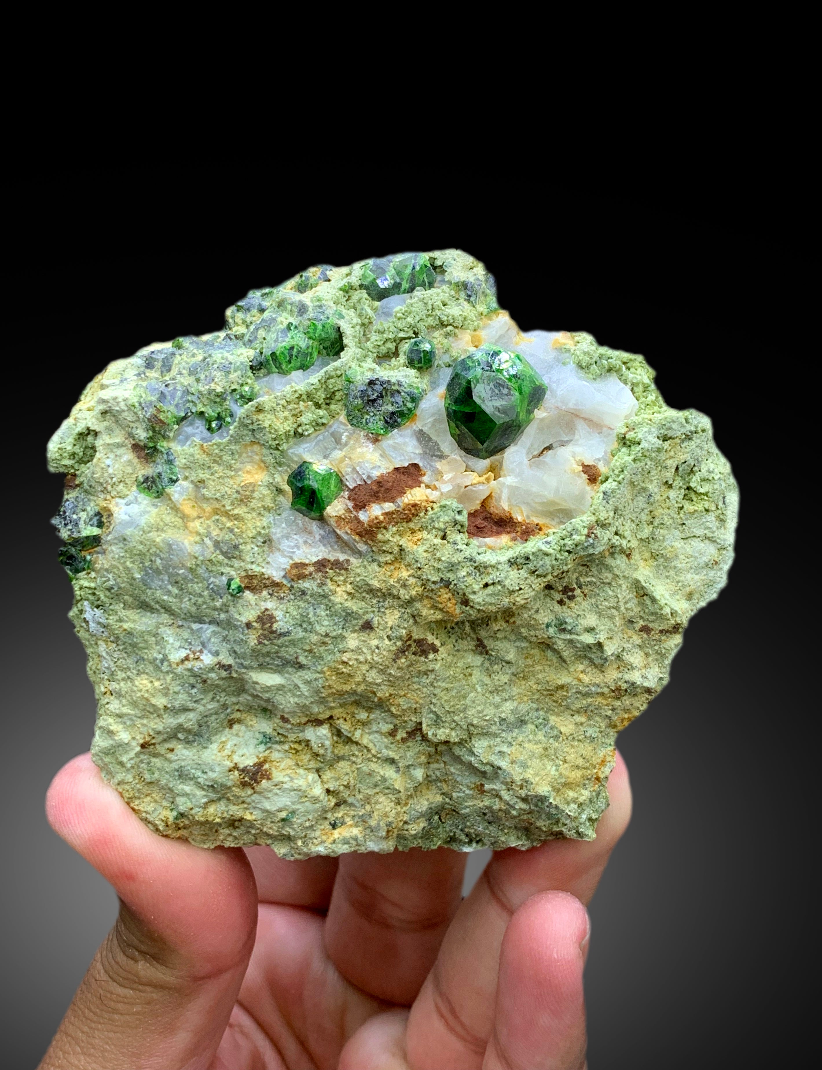 Lush Green Demantoid Garnet Crystals with Calcite on Matrix, Fine Mineral, Demantoid Garnet Specimen - 269 gram