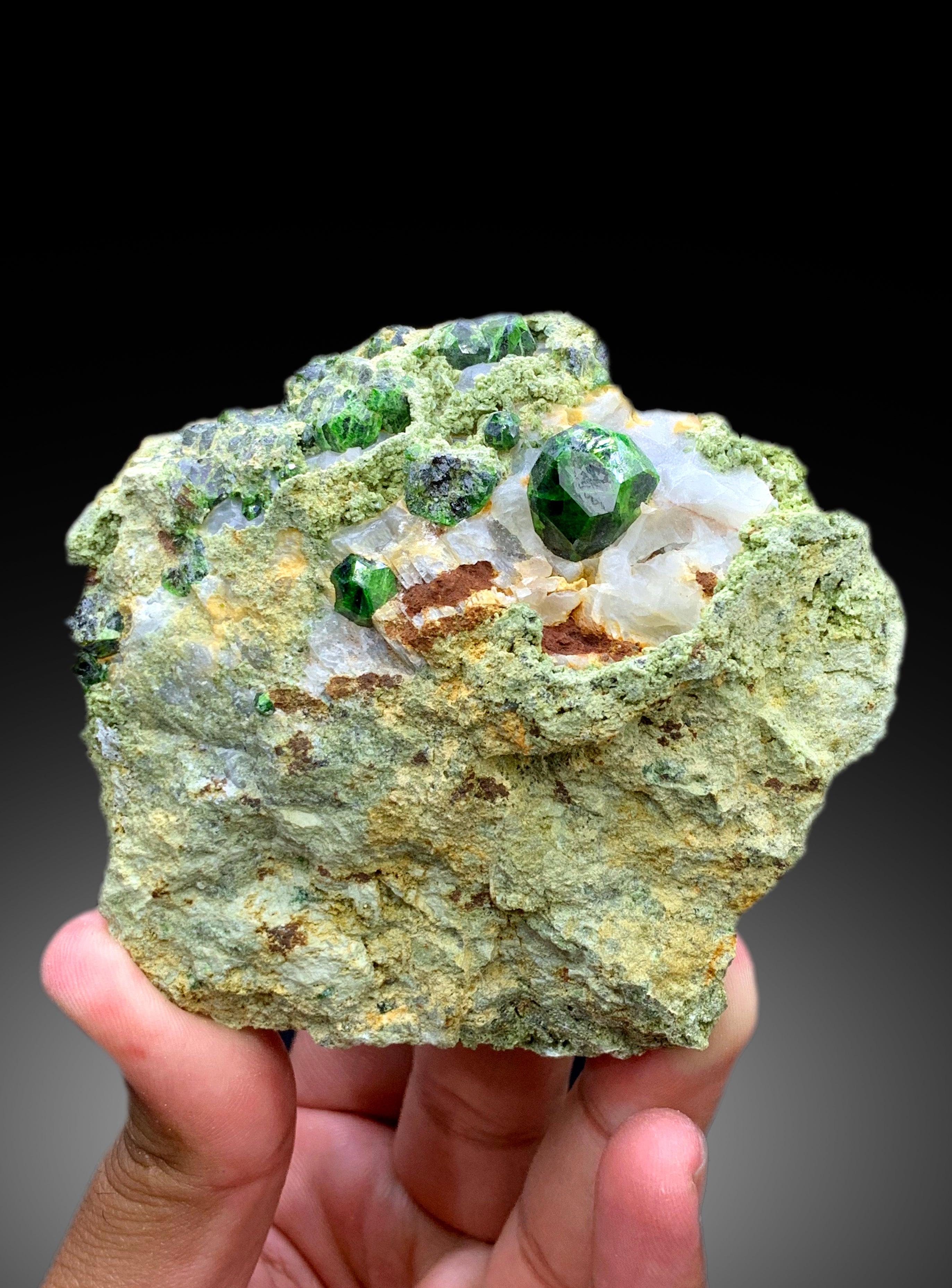 Lush Green Demantoid Garnet Crystals with Calcite on Matrix, Fine Mineral, Demantoid Garnet Specimen - 269 gram