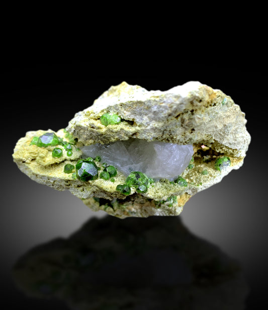 Lush Green Demantoid Garnet Crystals with Calcite on Matrix, Demantoid Garnet Specimen - 128 gram