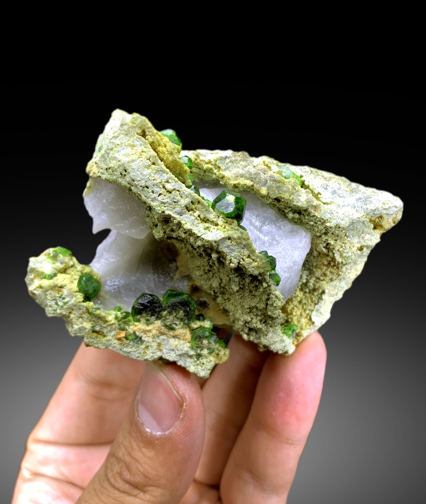 Lush Green Demantoid Garnet Crystals with Calcite on Matrix, Demantoid Garnet Specimen - 128 gram