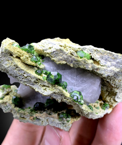 Lush Green Demantoid Garnet Crystals with Calcite on Matrix, Demantoid Garnet Specimen - 128 gram