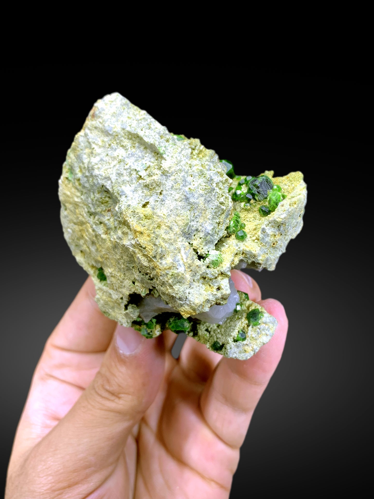 Lush Green Demantoid Garnet Crystals with Calcite on Matrix, Demantoid Garnet Specimen - 128 gram