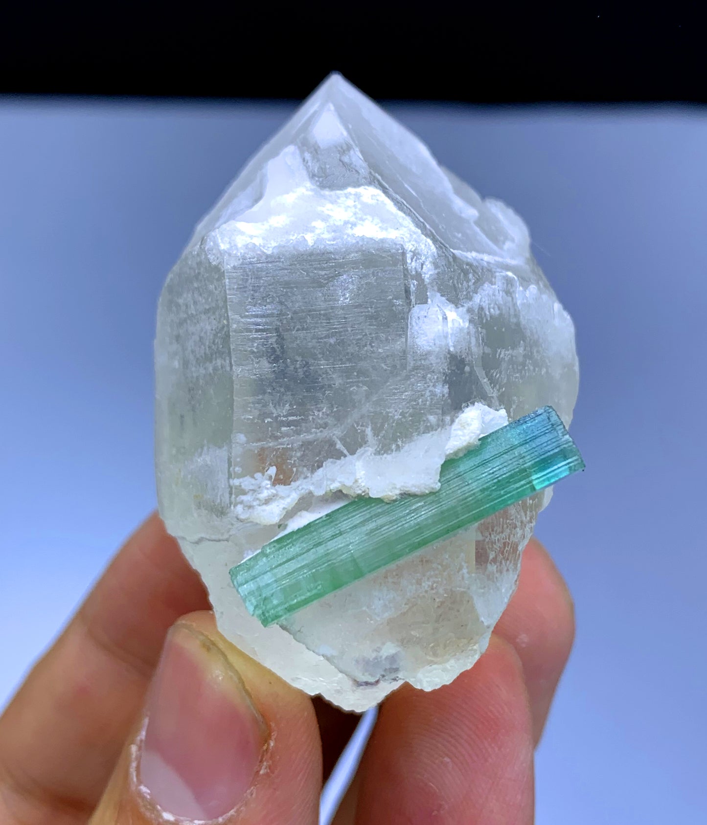 Bluish Green Tourmaline Crystal on Quartz from Afghanistan - 68 gram