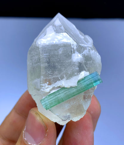 Bluish Green Tourmaline Crystal on Quartz from Afghanistan - 68 gram