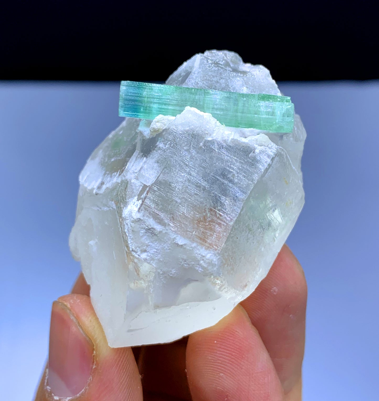 Bluish Green Tourmaline Crystal on Quartz from Afghanistan - 68 gram