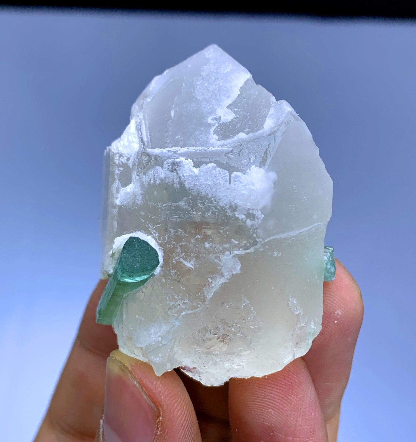 Bluish Green Tourmaline Crystal on Quartz from Afghanistan - 68 gram