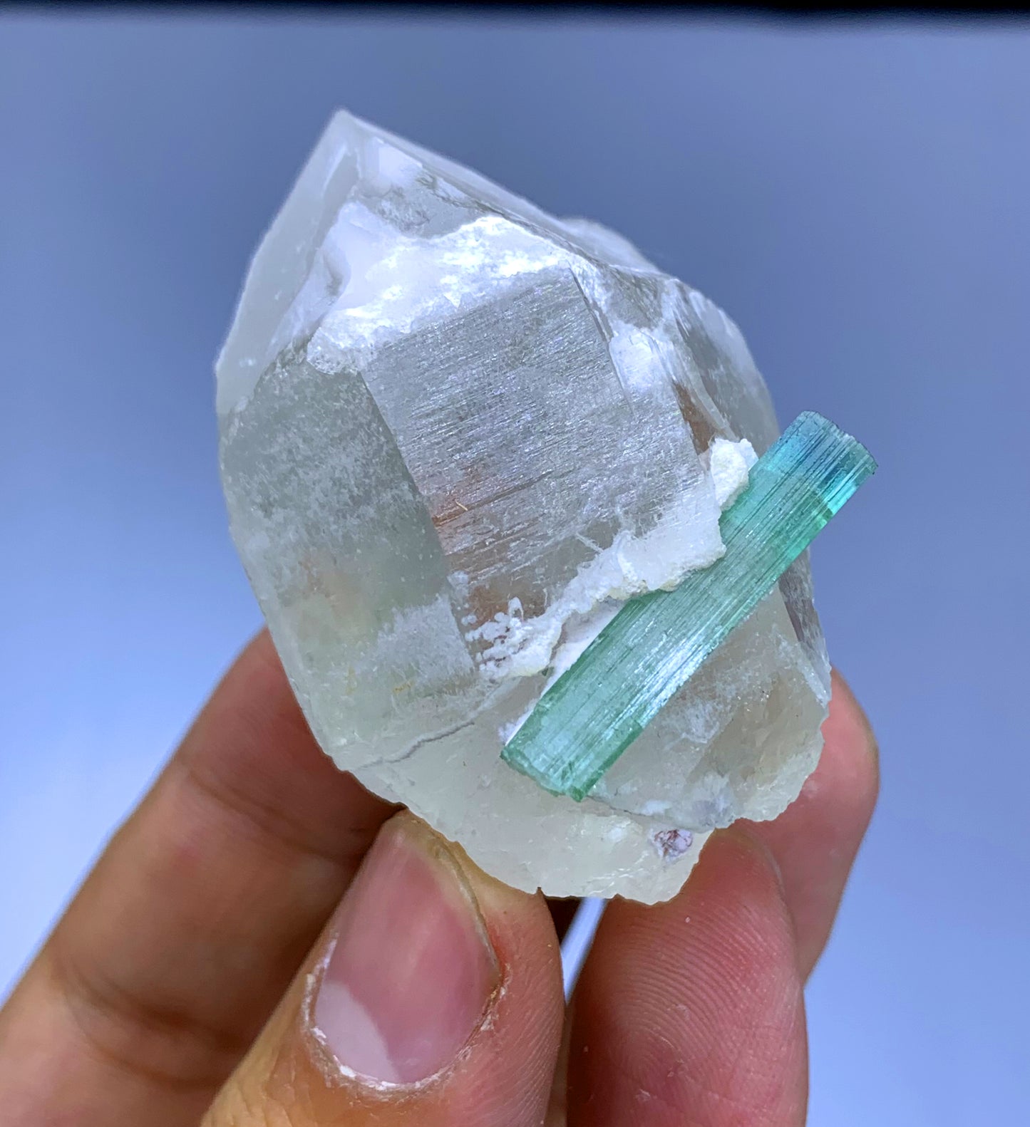 Bluish Green Tourmaline Crystal on Quartz from Afghanistan - 68 gram