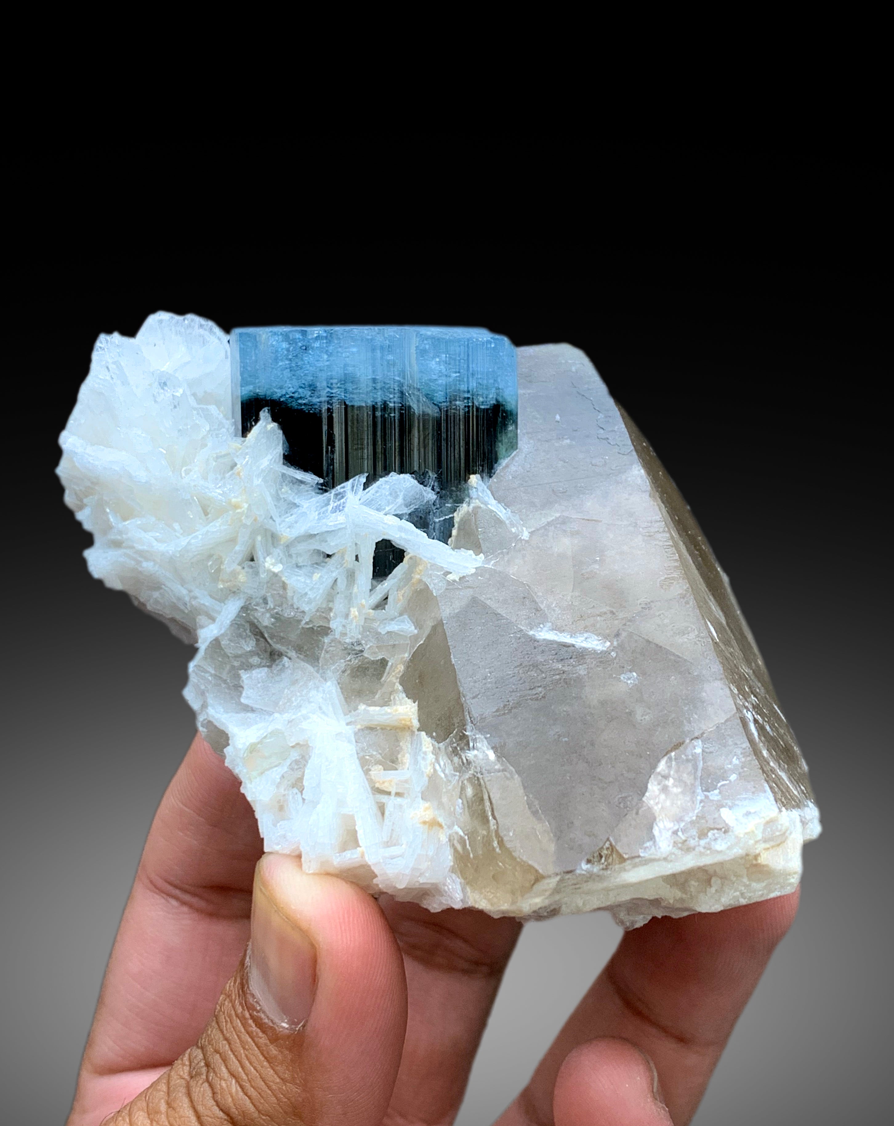 Natural Blue Cap Tourmaline Crystal with Smoky Quartz and Cleavelandite Albite from Paprok Afghanistan - 387 gram